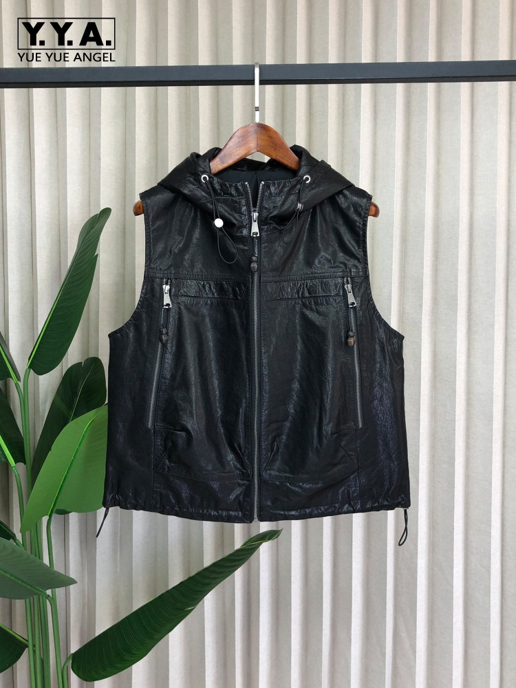 Leather Work Jacket With Hood - Gilet à capuche en cuir véritable