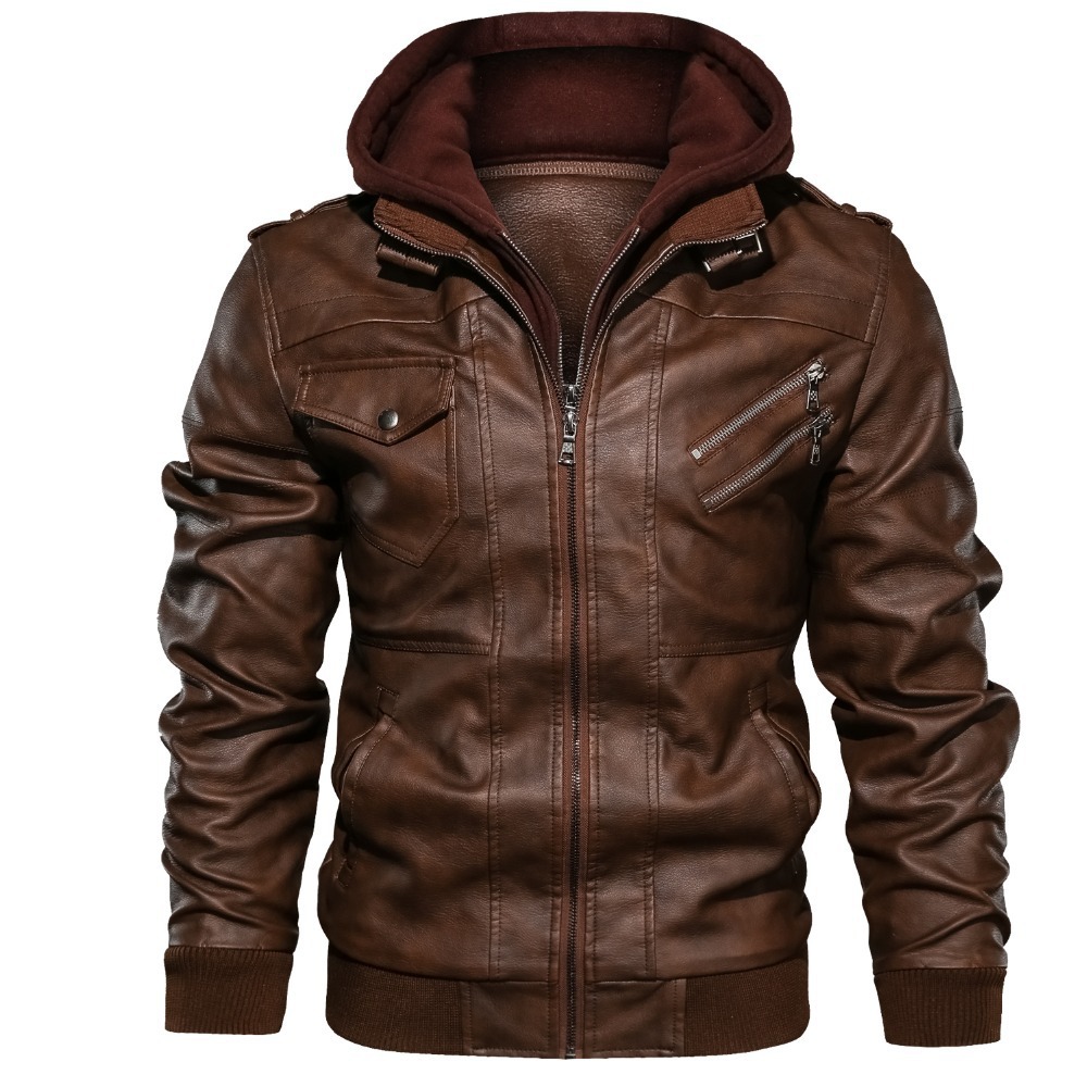 Leather Work Jacket With Hood - Manteaux à capuche pour hommes, vestes